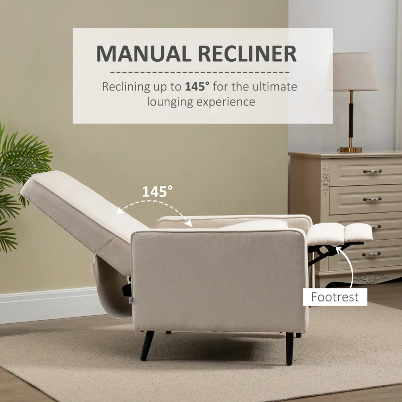 HOMCOM Manual Recliner, Fabric Tufted Club Chair, Home Theater Seating Reclining Sofa for Living Room, Cream White