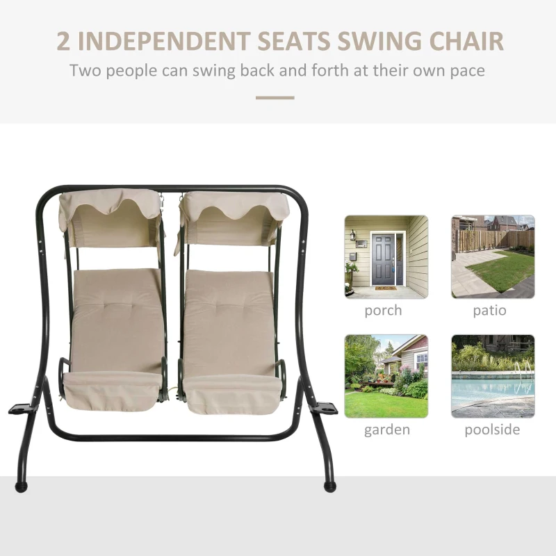 Outsunny Modern 2-Seater Outdoor Patio Swing Chair, Porch Seats with Cup Holder and Removeable Canopy, Beige(m-4)