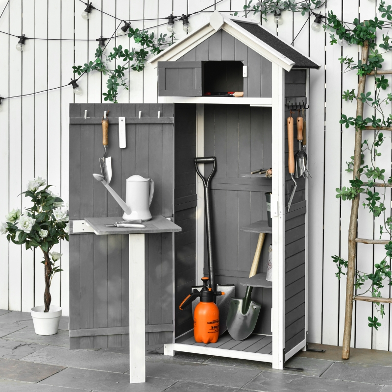 Outsunny 30.75"x 20.75"x71.75" Garden Wood Storage Shed with Workstation Multifunction Lockable Sheds and Outdoor Storage, Grey
