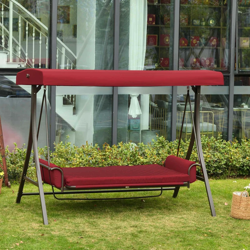 Outsunny 3-Seat Patio Swing Chair, Converting Flatbed, Outdoor Porch Swing Bed Glider with Adjustable Canopy, Removable Cushions, Pillows for Garden, Poolside, Backyard, Red