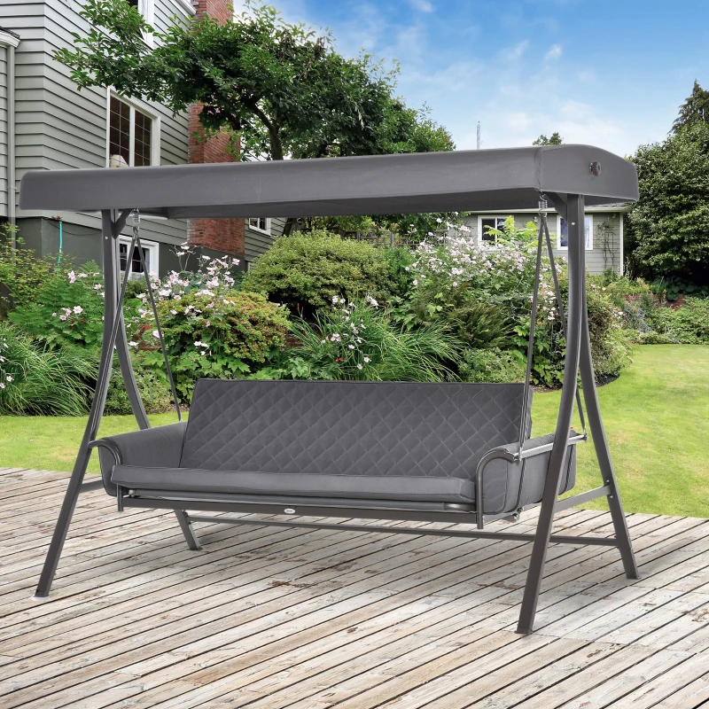 Outsunny 3-Seat Patio Swing Chair, Converting Flatbed, Outdoor Porch Swing Bed Glider with Adjustable Canopy, Removable Cushions, Pillows for Garden, Poolside, Backyard, Gray