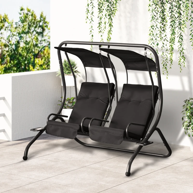 Outsunny Patio Swing Chair with 2 Separate Seats, Outdoor Swing Glider with Removable Canopy and Cup Holders, for Porch, Garden, Poolside, Backyard, Black