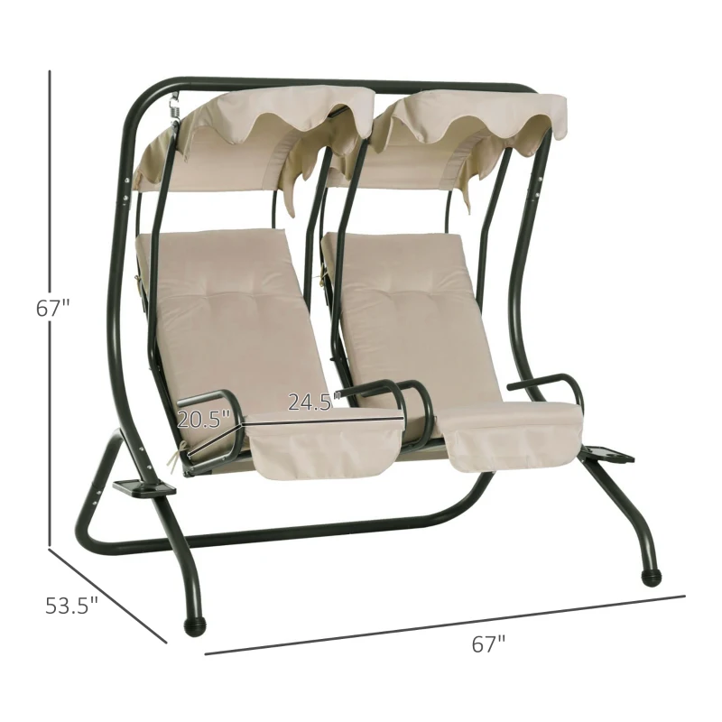 Outsunny Modern 2-Seater Outdoor Patio Swing Chair, Porch Seats with Cup Holder and Removeable Canopy, Beige(m-3)