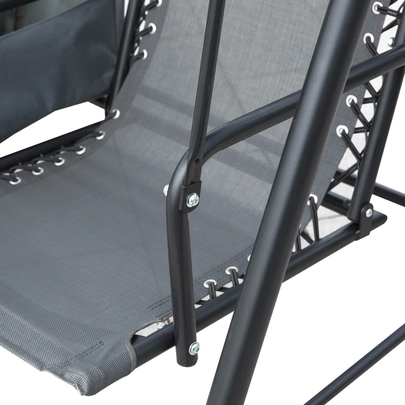 Outsunny 2-Seat Outdoor Porch Swing, with Pivot Storage Table, Cup Holder, & Adjustable Overhead Canopy, Stand's Skid-Resistant Feet Pad, Breathable Mesh Seat, Steel Frame, for Patio, Gray