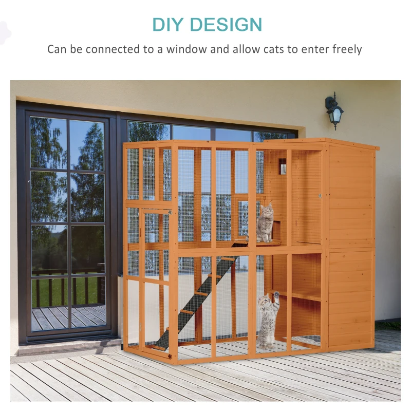 PawHut Large Wooden Outdoor Cat House with Large Run for Play, Catio for Lounging, and Condo Area for Sleeping, Natural