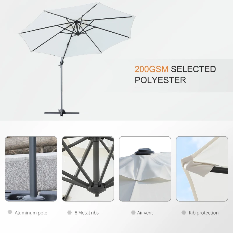 Outsunny Φ9.6' Round Patio Hanging Offset Umbrella Aluminum Outdoor Cantilever Crank Market Parasol Garden Sun Canopy Shelter 360° Rotation w/ Cross Base White
