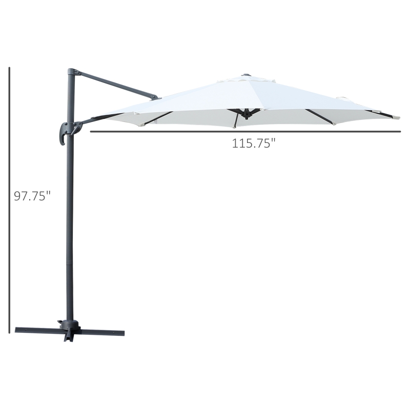 Outsunny Φ9.6' Round Patio Hanging Offset Umbrella Aluminum Outdoor Cantilever Crank Market Parasol Garden Sun Canopy Shelter 360° Rotation w/ Cross Base White