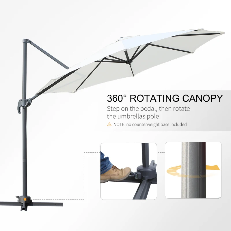Outsunny Φ9.6' Round Patio Hanging Offset Umbrella Aluminum Outdoor Cantilever Crank Market Parasol Garden Sun Canopy Shelter 360° Rotation w/ Cross Base White