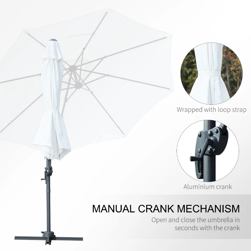 Outsunny Φ9.6' Round Patio Hanging Offset Umbrella Aluminum Outdoor Cantilever Crank Market Parasol Garden Sun Canopy Shelter 360° Rotation w/ Cross Base White