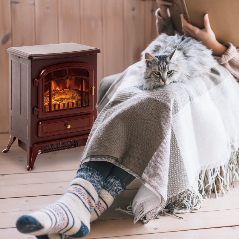 HOMCOM 16" Free Standing Electric Fireplace Portable Adjustable Stove with Heater Wood Burning Flame 750/1500W Red Brown