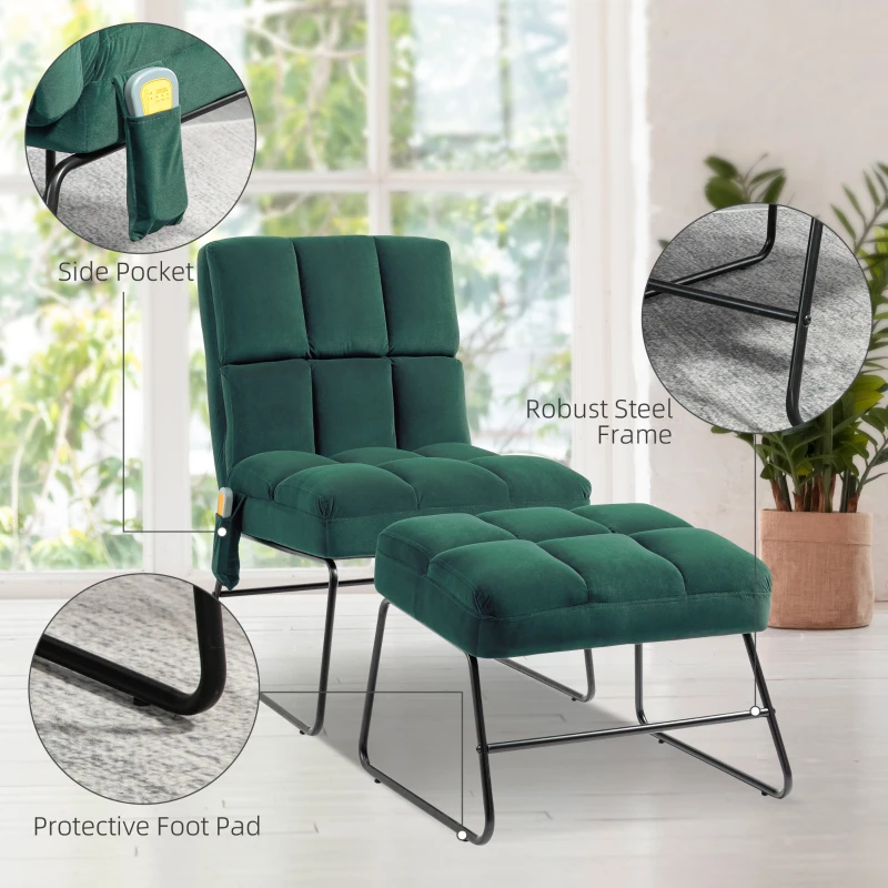 HOMCOM Accent Chair with Ottoman, Velvet Club Chair with Vibration Massage, Remote Control and Metal Legs for Living Room, Bedroom, and Home Office, Green