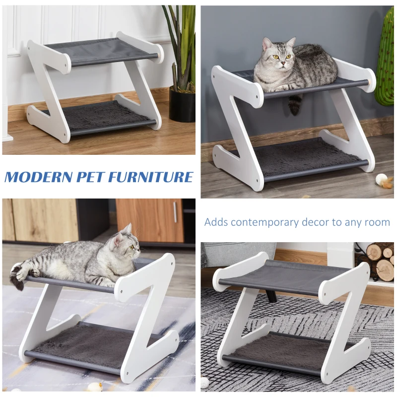 PawHut Two Tier Cat Bed for Indoor Living Room Pet Furniture Kitty Small Dog House Z Shaped with Padded and Plush Mat Grey