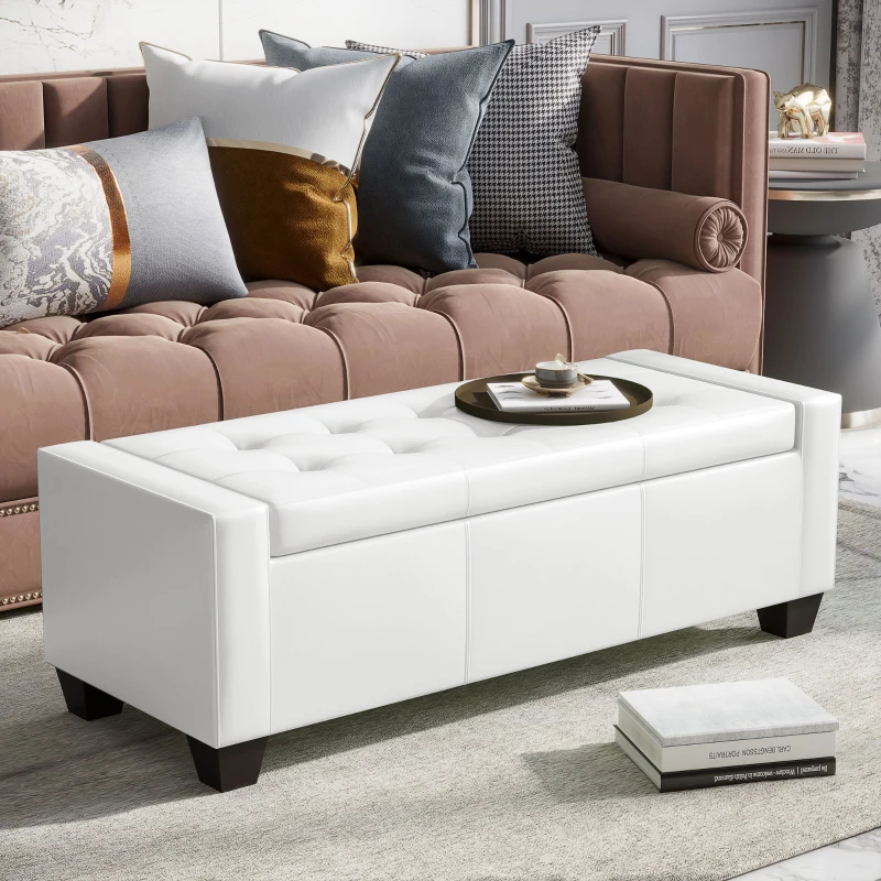 HOMCOM 50.5" Faux Leather Rectangular Tufted Storage Ottoman for Living Room, Entryway, or Bedroom, White