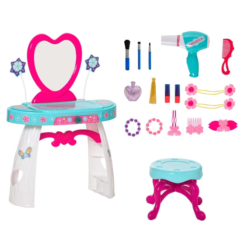 Qaba 33 Pcs Princess Pretend Play Glamour Makeup Set Kids Vanity Dressing Table Realistic w/ Stool for 3 Years Old Lake Blue+White