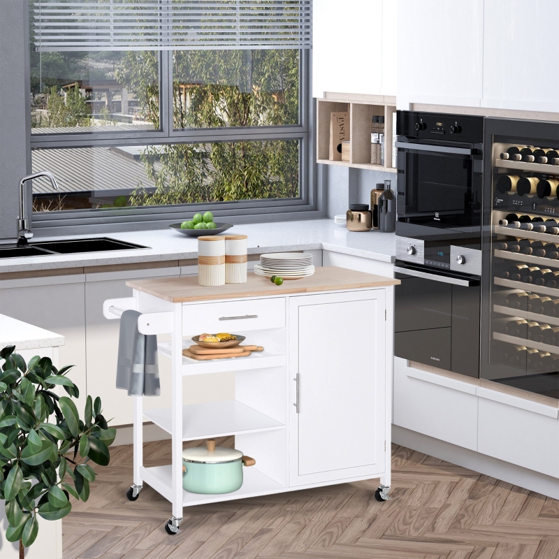 HOMCOM Kitchen Trolley Serving Cart Rolling with Drawer and Open Shelf White