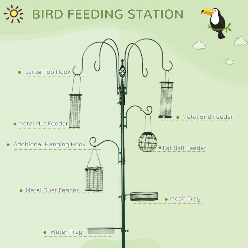 PawHut 6 Hook Feeding Station, Steel Multi-Feeder Kit Stand with 4 Bird Feeders, Mesh Tray, Water Dish and 4-Prong Base, Green