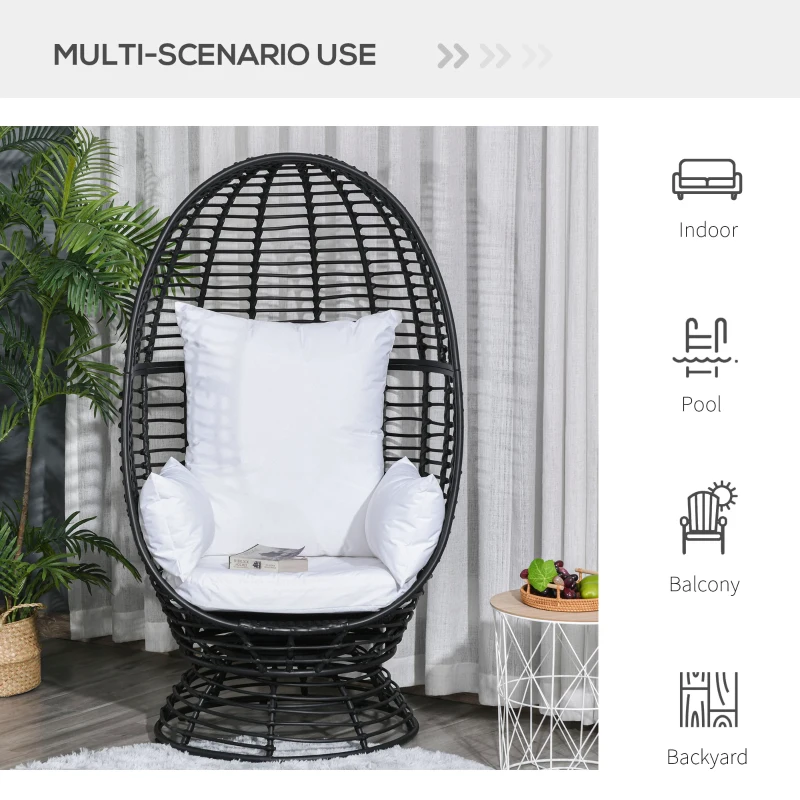 Outsunny Outdoor Round PE Ratttan Wicker 360 Degree Swivel Basket Egg Chair with Cushion,  Black