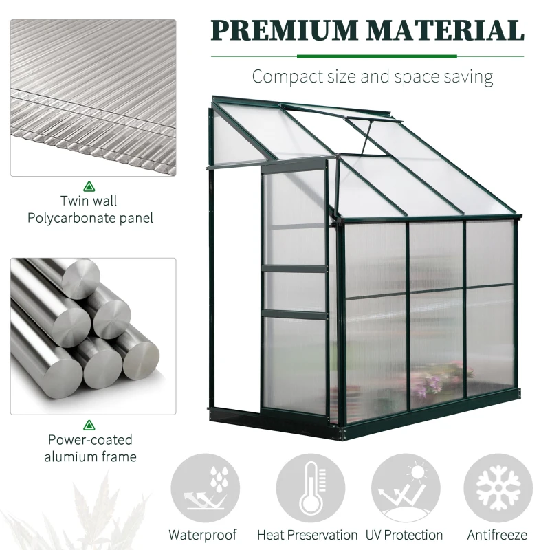 Outsunny Lean-to Greenhouse Walk-in Garden Aluminum Polycarbonate with Roof Vent for Plants Herbs Vegetables 6' x 4' x 7'