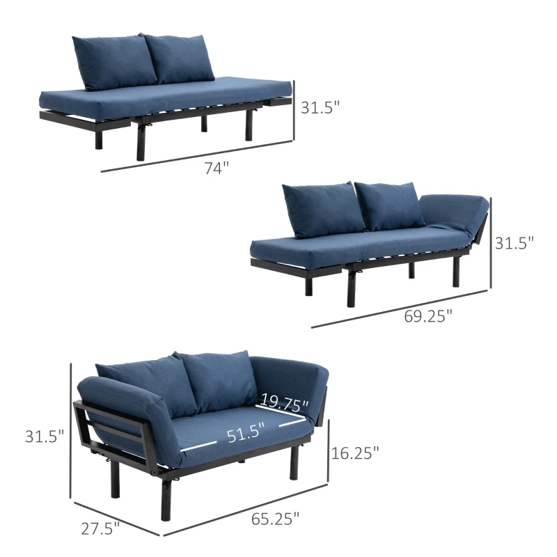 HOMCOM Single Person Chaise Lounger, Modern Sofa Bed with 5 Adjustable Positions, 2 Large Pillows, and Birch Legs, Blue