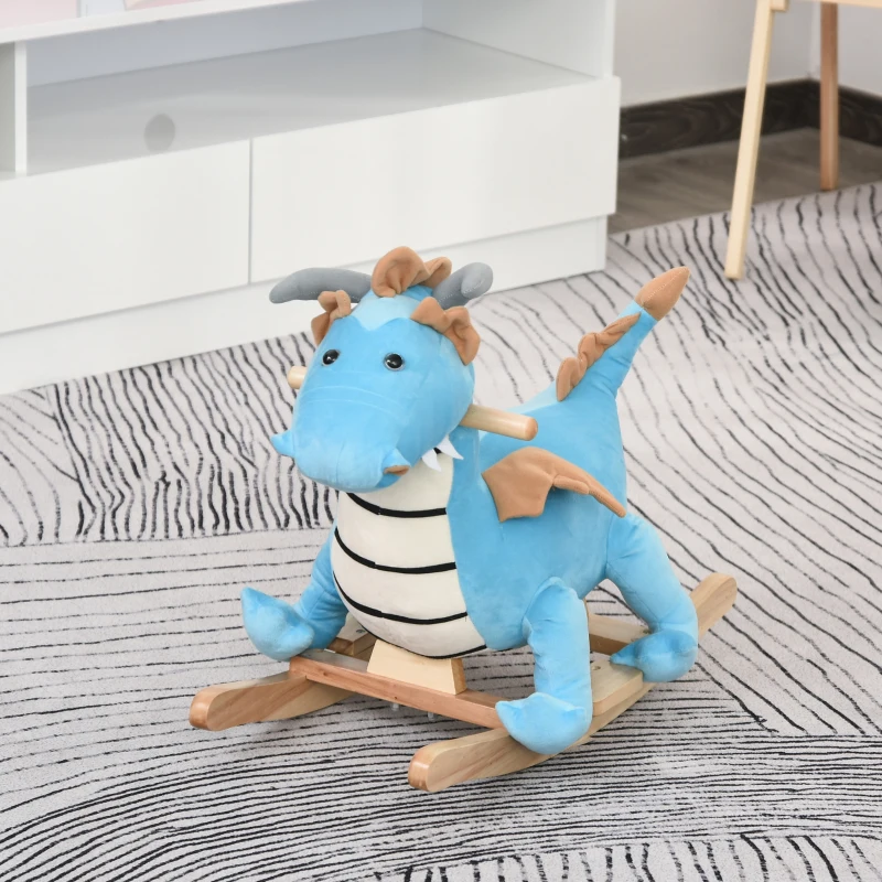 Qaba Rocking Horse Kids Plush Ride-On Toy Dinosaur Ride on Rocker with Realistic Sounds for Child 18-36 Months Blue