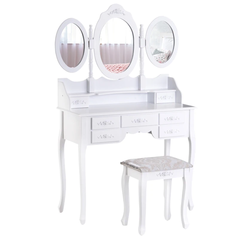 HOMCOM Makeup Dressing Table Vanity Set with Tri-Folding Mirror, 7 Drawers, Cushioned Stool