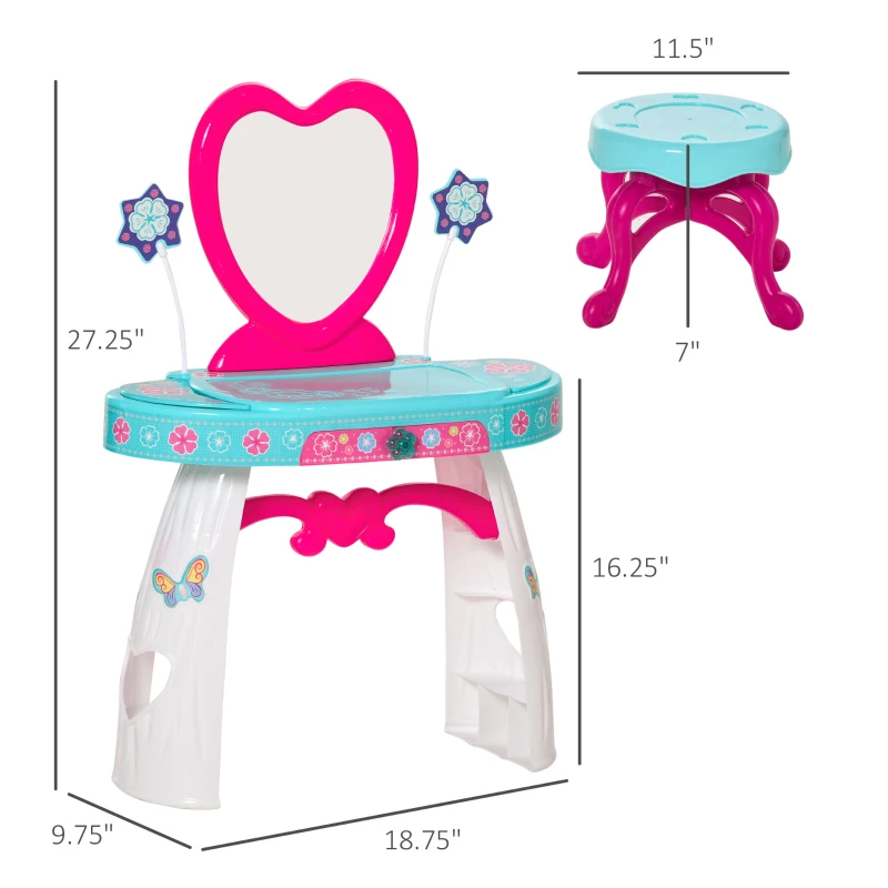 Qaba 33 Pcs Princess Pretend Play Glamour Makeup Set Kids Vanity Dressing Table Realistic w/ Stool for 3 Years Old Lake Blue+White