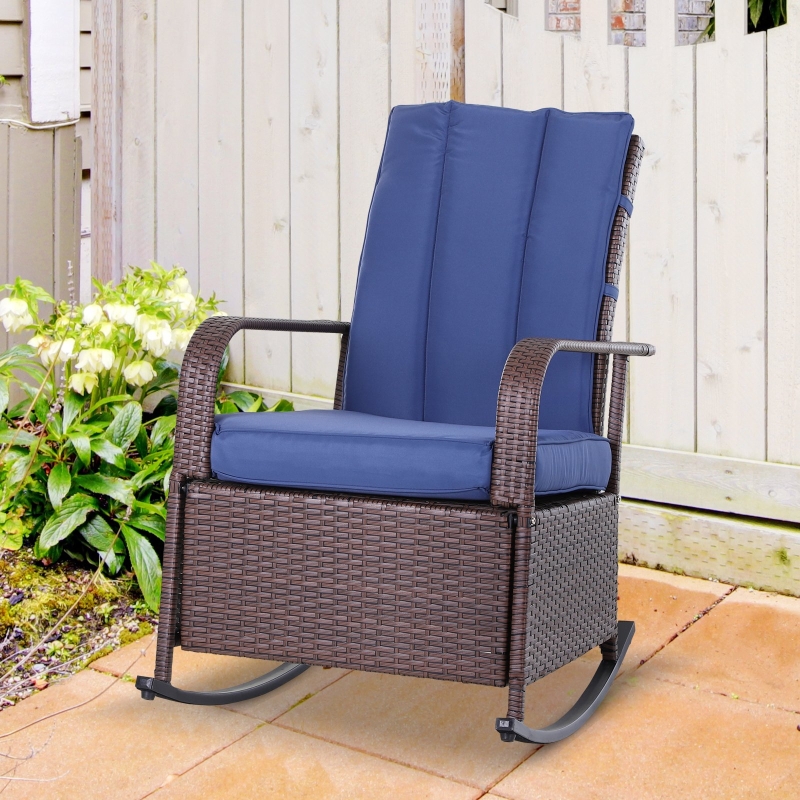Outsunny Outdoor Rattan Wicker Rocking Chair Patio Recliner with Soft Cushion, Adjustable Footrest, Max. 135 Degree Backrest, Dark Blue