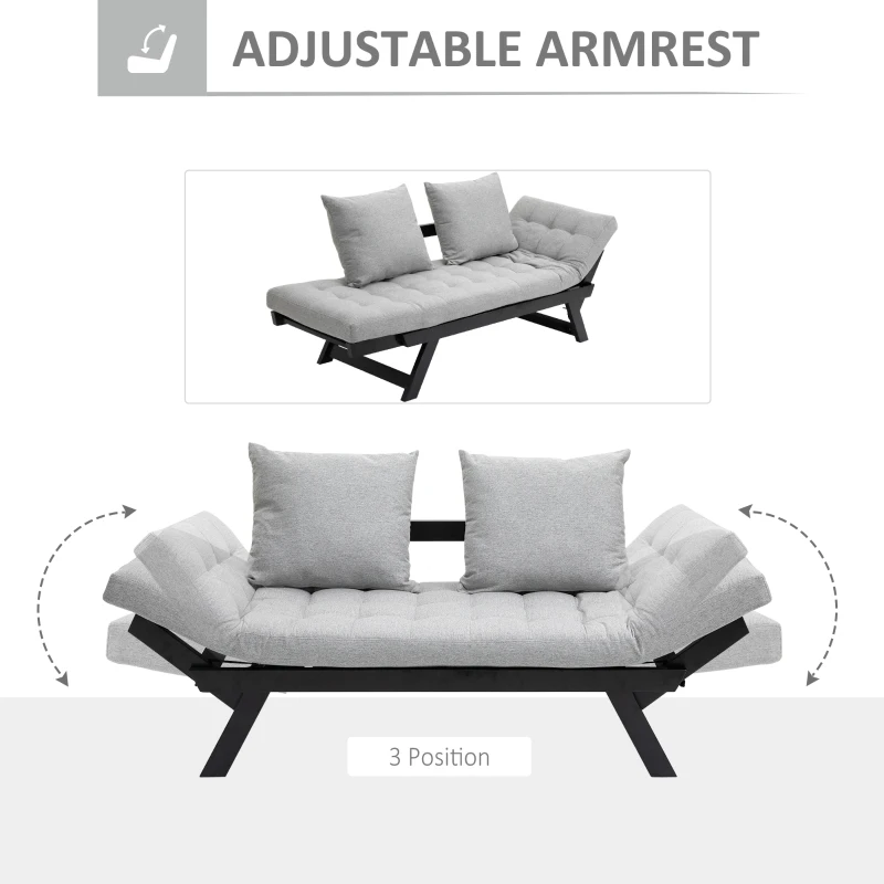 HOMCOM Convertible Sofa Bed Futon Loveseat Living Room with Pillow, Adjustable 3-Position Sofa Bed Soild Wood Frame, Light Grey