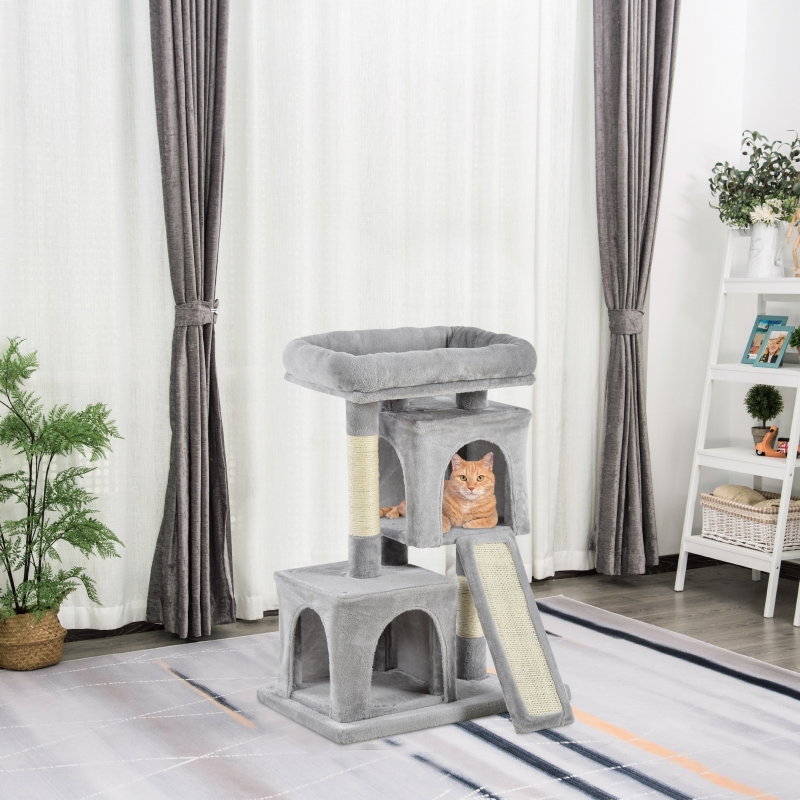 PawHut Plush Cat Tree Tower w/ Sisal Scratching Post Board Perch Condo Light Grey
