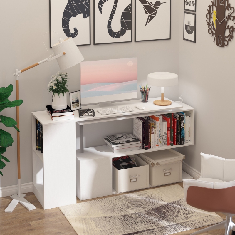 HOMCOM 55" 360° Rotating Corner Computer Desk Modern L-Shaped Home Office Workstation with 3-Tier Storage Shelves, Bookshelf, White