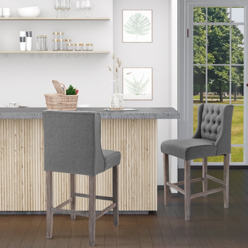 HOMCOM Set of 2 40Inch Button Tufted Bar stools High Counter Dining Height Chairs Grey
