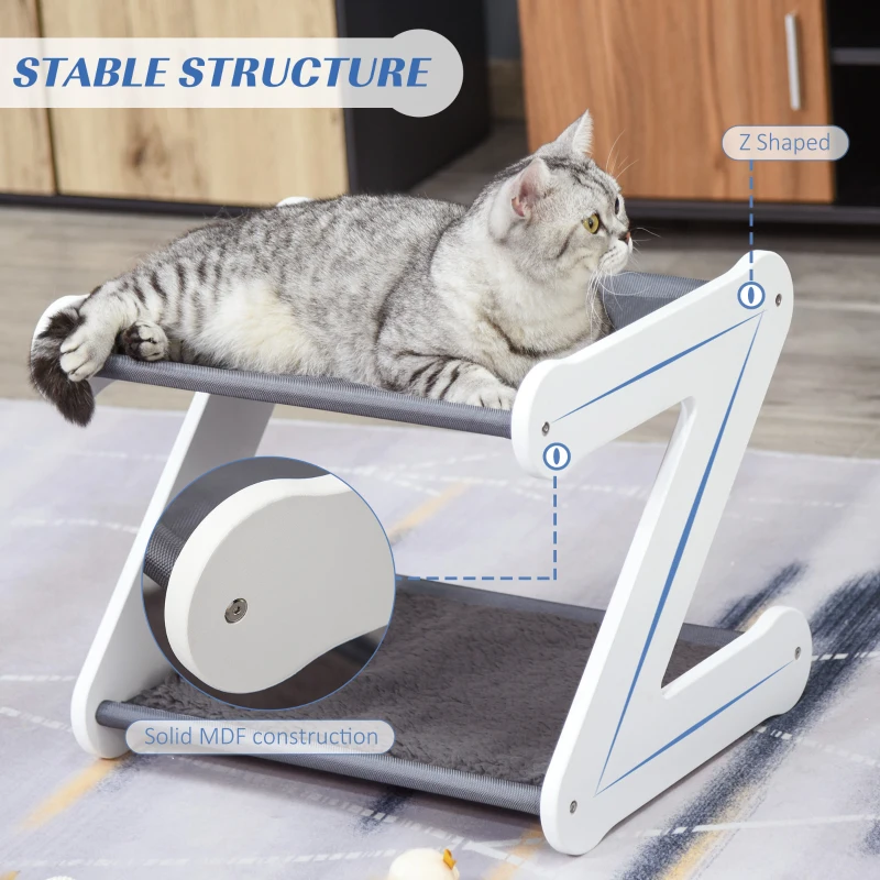 PawHut Two Tier Cat Bed for Indoor Living Room Pet Furniture Kitty Small Dog House Z Shaped with Padded and Plush Mat Grey
