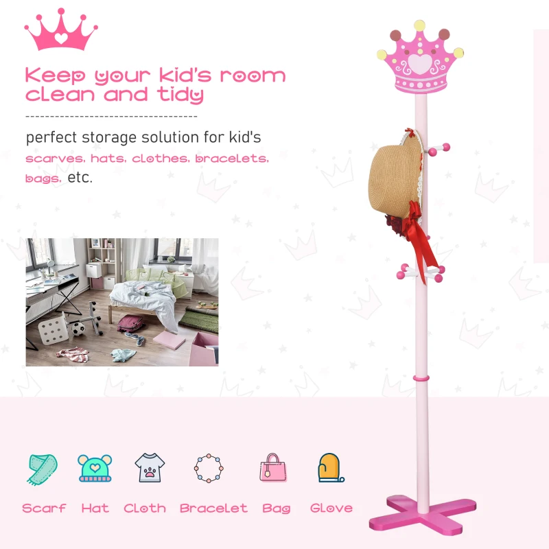 Qaba Kids Coat Rack Free Standing Wooden Tree Hanger with Crown Modeling Design 8 Hooks for Scarves Hats Clothes Bracelets Bags Gift for Toddler Girl Pink