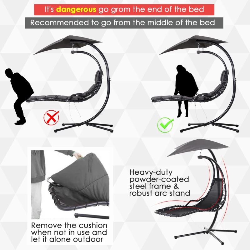 Outsunny Single Floating Chaise Lounge Curved Outdoor Porch Swing Chair Hanging Hammock Reclining Seat w/Arc Stand & Canopy Grey