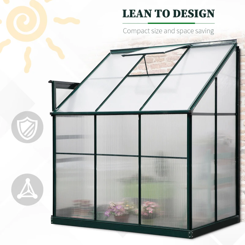 Outsunny Lean-to Greenhouse Walk-in Garden Aluminum Polycarbonate with Roof Vent for Plants Herbs Vegetables 6' x 4' x 7'