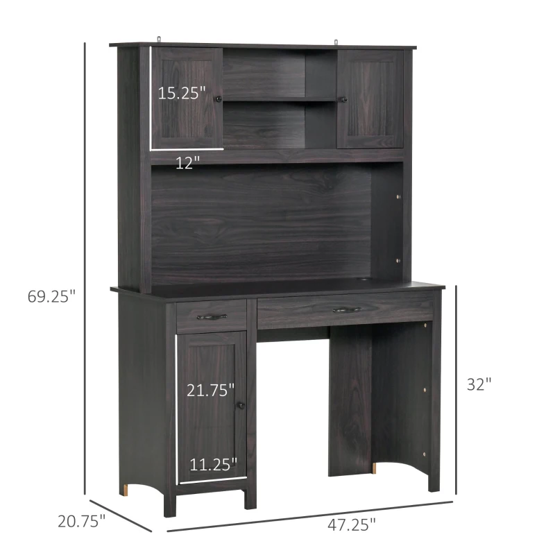 HOMCOM Computer Desk with Storage Drawers, Study Table with Hutch, Shelves, Cable Management for Home Office Workstation, Coffee
