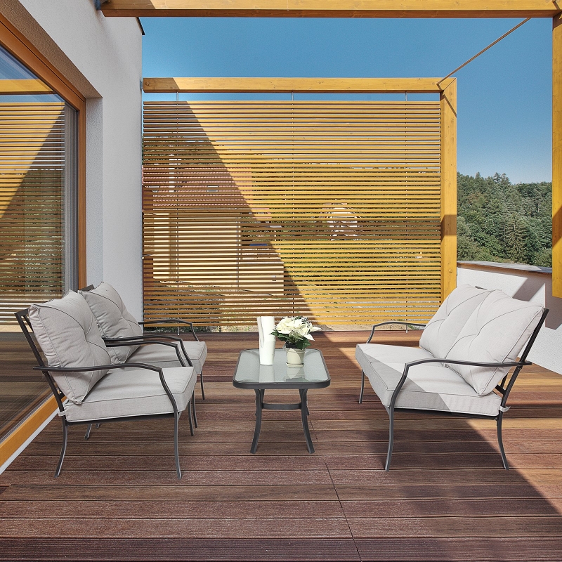 Outsunny 4 Pcs Metal Frame Garden Chatting Set w/ Sofa 2 Chairs Glass Top Table Foam Cushions
