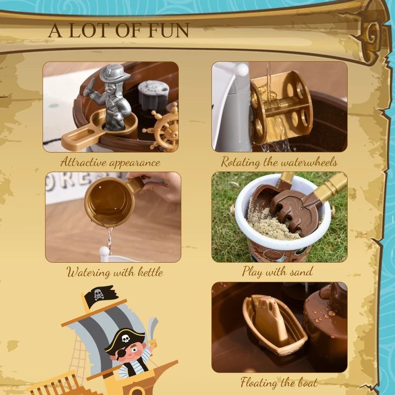 Qaba Pirate Ship Theme Sand and Water Table Beach Toy Set 2 in 1 Outdoor Activities Playset for Kids with Accessories 26 Pcs Garden Sandpit Sandbox for Beach Bath 3 Years Old Toddlers