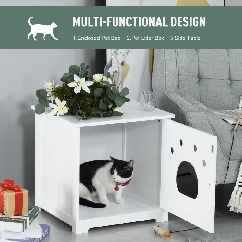 PawHut Wooden Cat Washroom Pet Litter Box Enclosure Kitten House Nightstand End Table Hideaway Cabinet with Magnetic Doors White