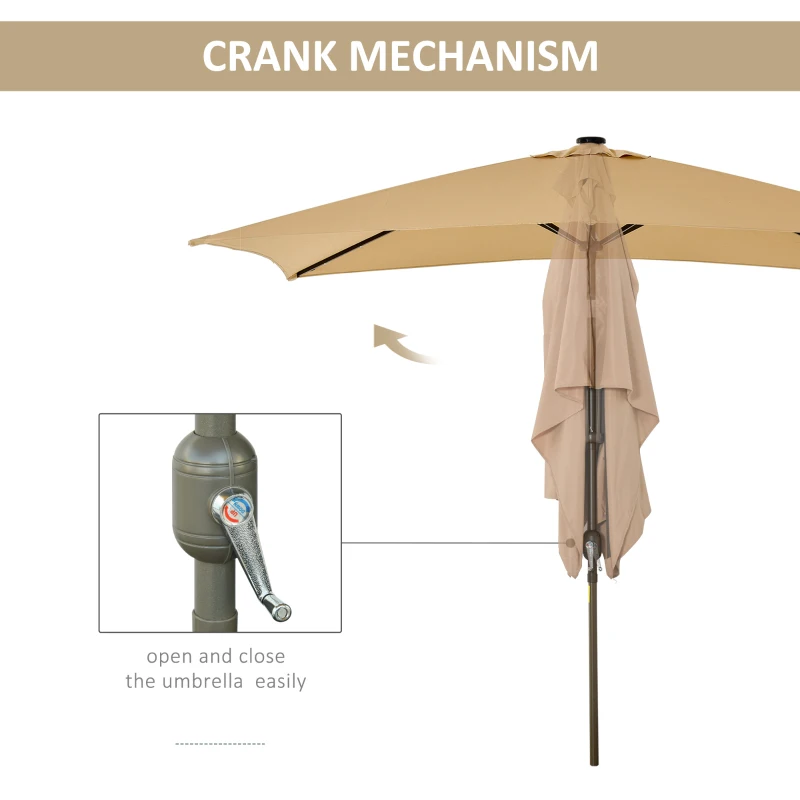 Outsunny 6.5x10ft Patio Umbrella Rectangle Solar Powered Tilt Aluminum Outdoor Market Parasol with LEDs Crank (Light Coffee)