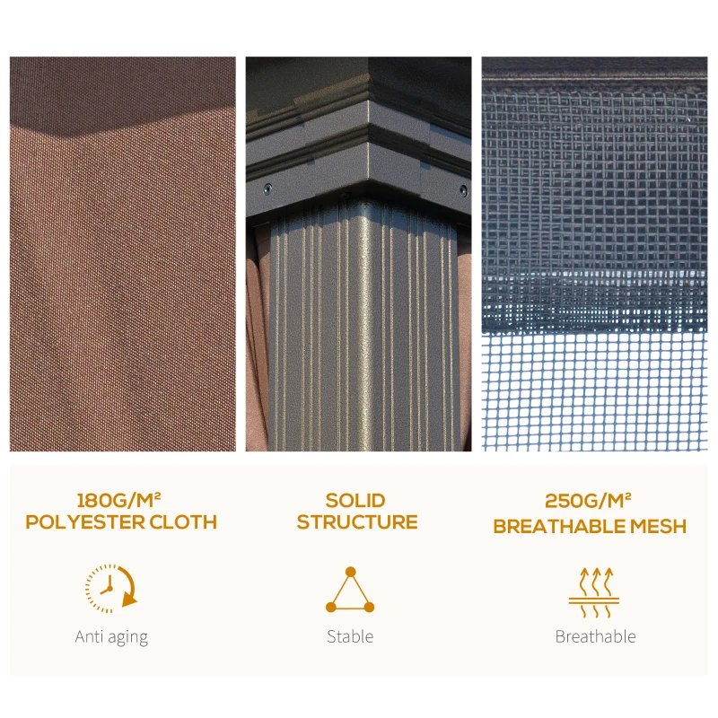 Outsunny 10' x 12' Outdoor Hardtop Gazebo with Galvanized Steel Canopy & Netting Sidewalls for Lawn, Backyard, Brown