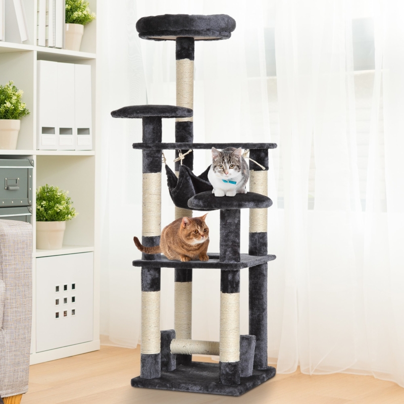 PawHut 52" Multi-Level Cat Tree Tower Kitten Scratcher Activity Center Play House with Hammock Grey