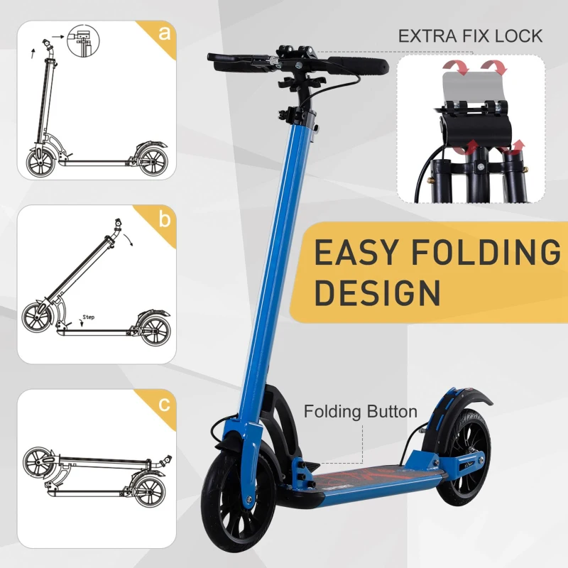 Soozier Kick Scooter Folding Adjustable Ride On Toy w/ Dual Braking System, Rear Shock Absorption and 8" Big Wheels For 14+ Teens Adult, Blue