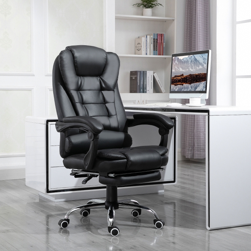 HOMCOM Ergonomic Executive Office Chair High Back PU Leather Reclining Chair with Retractable Footrest Lumbar Support Padded Headrest Armrest Black