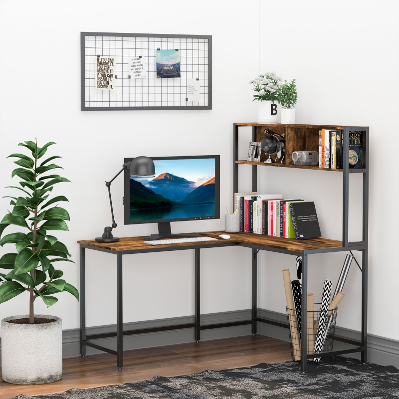 HOMCOM Home Office L-Shaped Computer Desk with Hutch and Storage Shelves, PC Table Study Writing Workstation with 2 Storage Compartments, Bookshelf, Brown