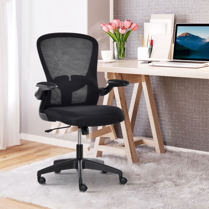 Vinsetto Mesh Office Chair Swivel Task Desk Chair w/ Lumbar Back Support Adjustable Height and Flip-Up Arm, Black