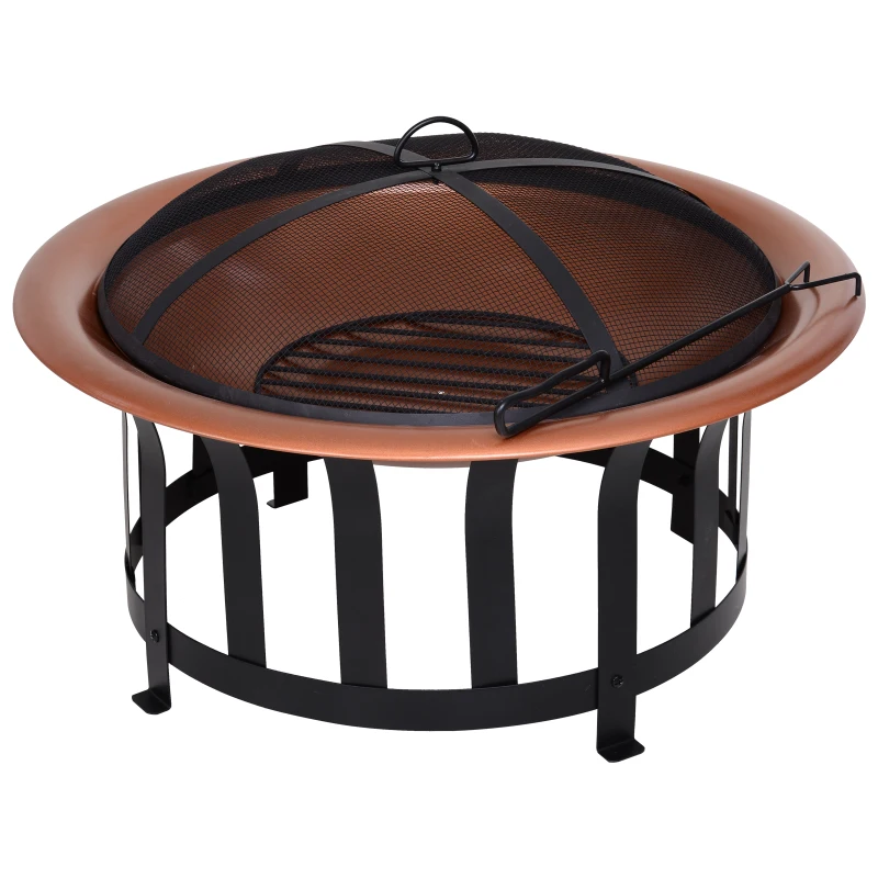 Outsunny 30" Steel Round Patio Fire Pit  Outdoor Wood Log Burning Heater with Log Grate, Poker, Mesh Cover & Water Resistant Cover Copper Color