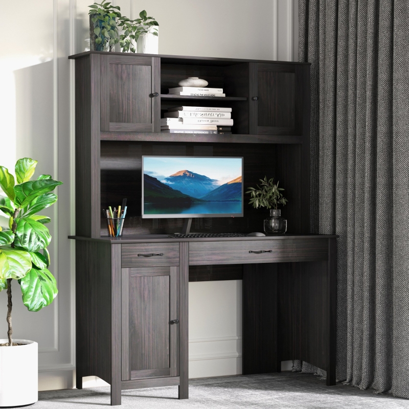 HOMCOM Computer Desk with Hutch Home Office Workstation with Storage Shelves Drawers Cabinets, Coffee