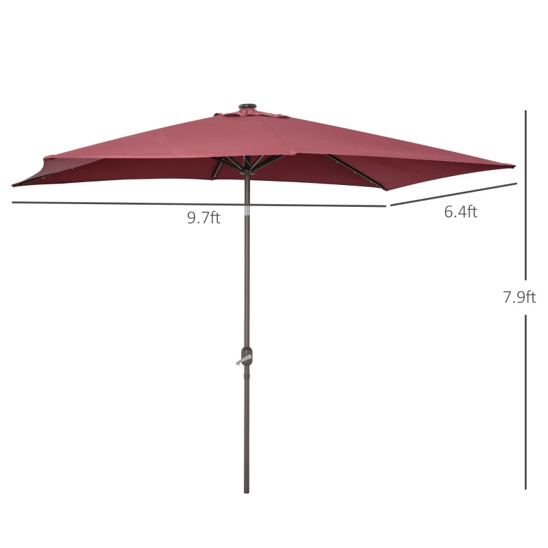 Outsunny 6.5x10ft Patio Umbrella Rectangle Solar Powered Tilt Aluminum Outdoor Market Parasol with LEDs Crank (Wine Red)
