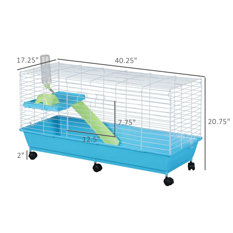 PawHut Small Animal Cage Pet Rabbit Guinea Pig Home Habitat Hutch Play House Rolling with 6 universal wheels, water bottle, ramp, food dish,  White/Blue